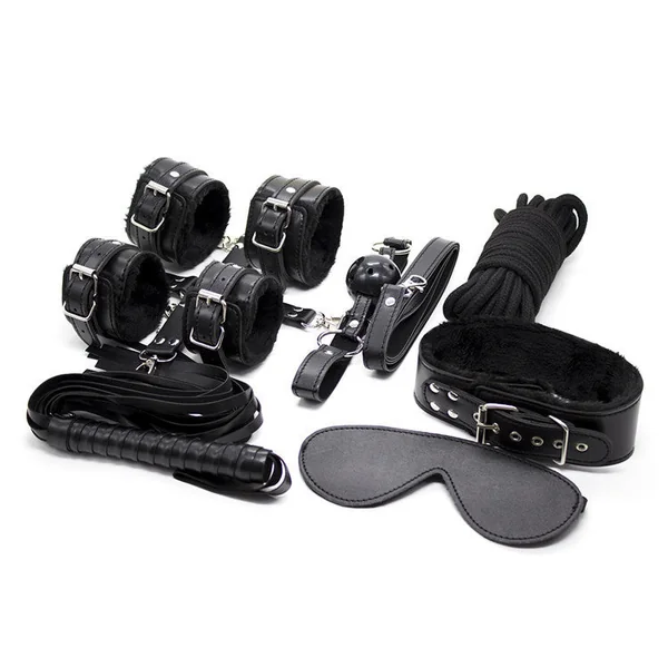 10-Piece Plush Lined Adjustable Restraint Kit with Rope & Accessories for Couples(Black)