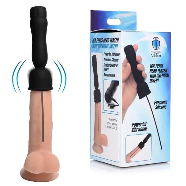 16X Black Silicone Penis Head Vibrating Teaser with Urethral Sound