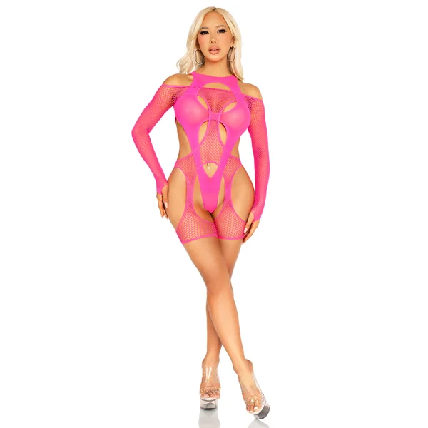 2 Pc Fishnet Garter Harness and Opaque Cut-Out Teddy O/s - Neon Pink