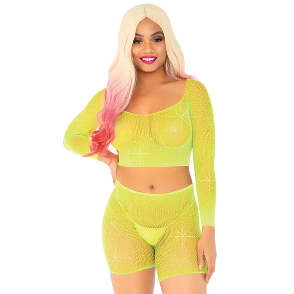 2 Pc Rhinestone Fishnet Crop Top and Biker Shorts - One Size - Neon Yellow