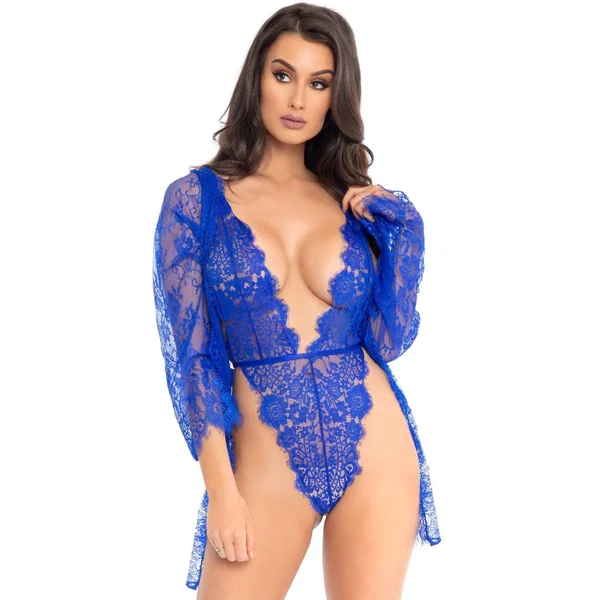 3pc Lace Teddy and Robe Set - Medium - Royal Blue