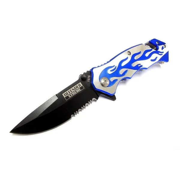 4.75″ Flame Design Blue Handle Black Blade Knife