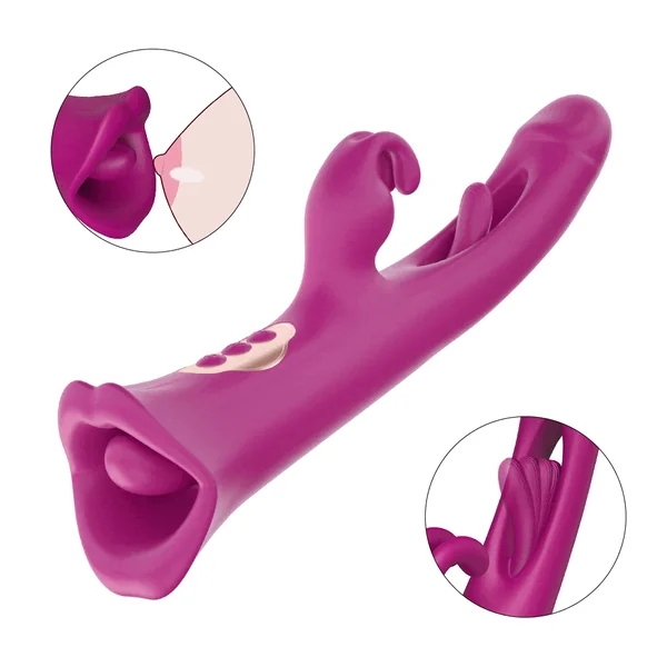 4 IN 1 Rose Muncher Rabbit Vibrator Licking Vibrating Flapping Clit Nipple Stimulator
