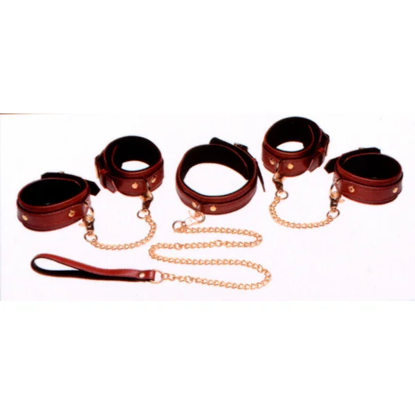 6 Piece Burgundy Bondage Set Burgundy Cuffs, Collar and Leash