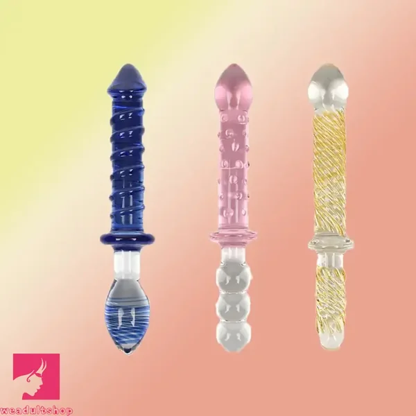 9in Female Pull Beads Anal Clit Threaded Double-head Glass Handle Dildo
