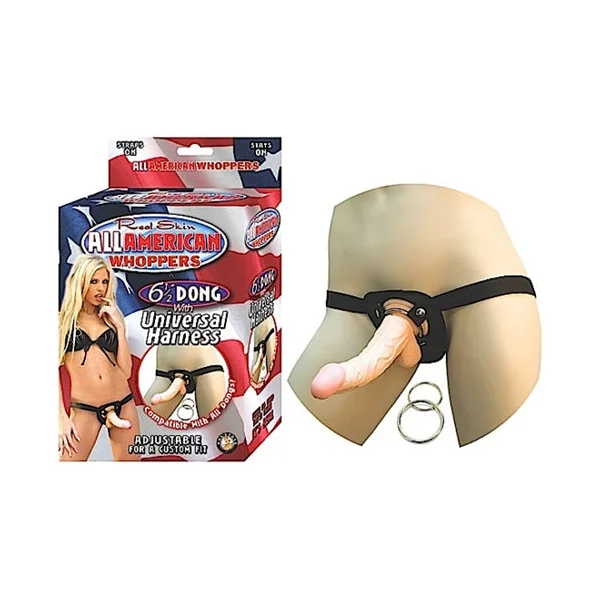 All American Whoppers 6.5-Inch- Dong With Universal Harness- Flesh