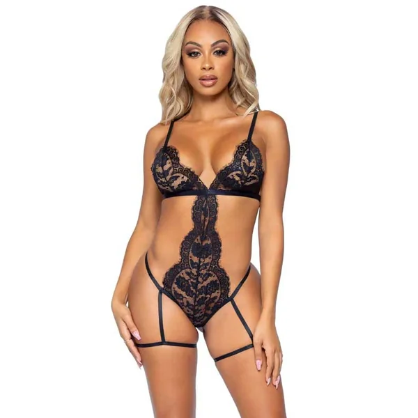 All Romance Lace Teddy and Robe Set - Medium - Black