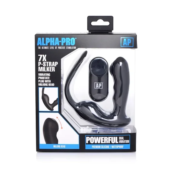 Alpha-Pro 7X P-Strap Milker Vibrating Prostate Plug w/Milking Bead & Cock & Ball Ring