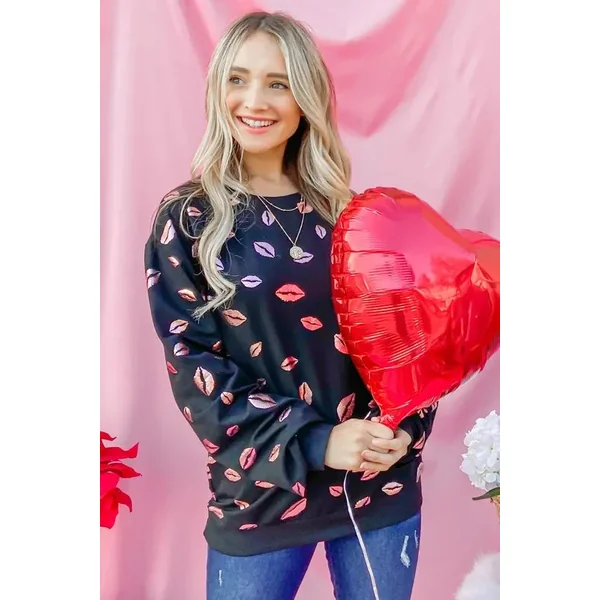 And The Why Kiss Pink Foil Allover Print Pullover Sweatshirts