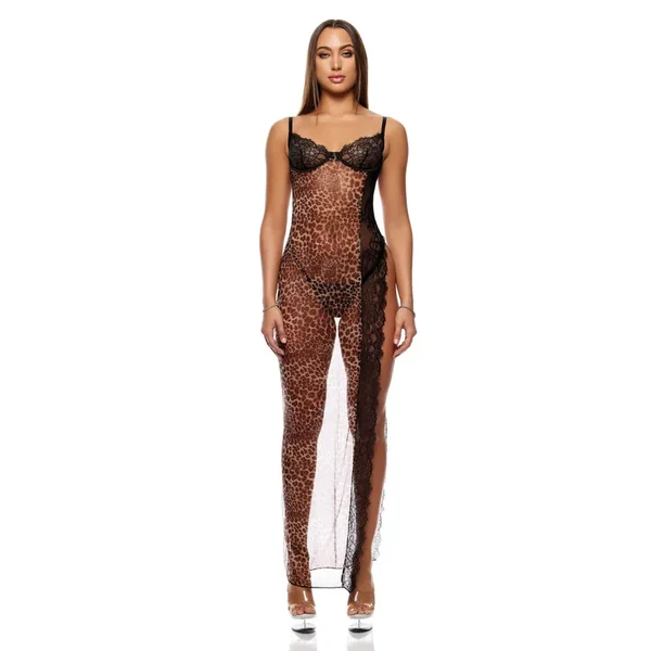 Animal Instincts Sheer Mesh and Lace Gown w/Thong 2 pc Set – Animal MD