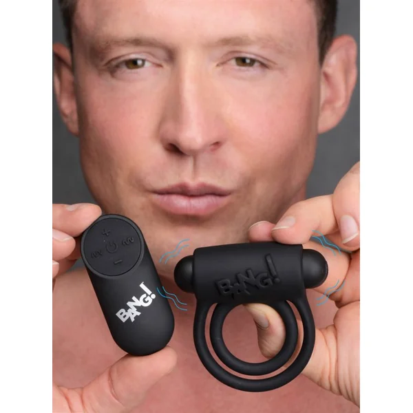 BANG! SILICONE COCK RING & BULLET W/ REMOTE BLACK (Out End Jul)