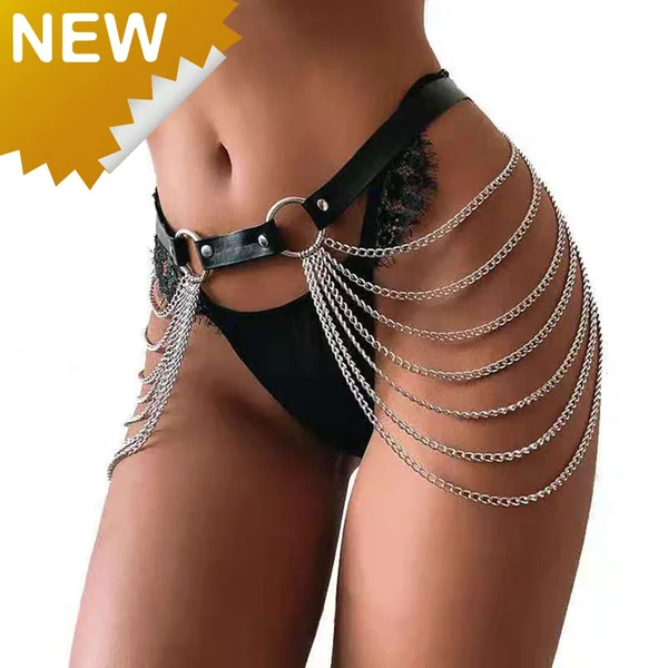 BDSM Leather Harness Fetish Waist Garter Chain O/S