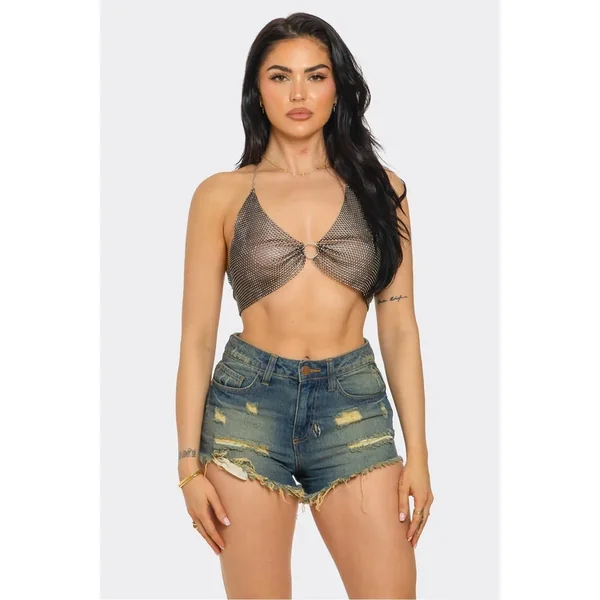 Bear Dance-Diamond Stud Mesh Top