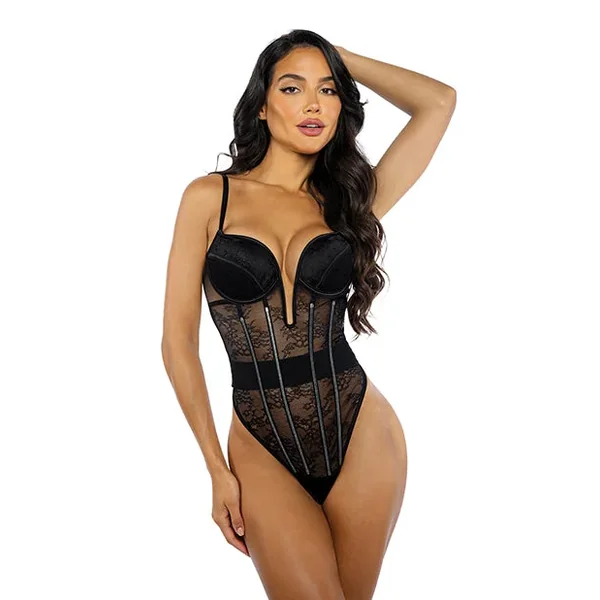 Belle Noir Chantilly Lace and Satin Teddy – Black XL
