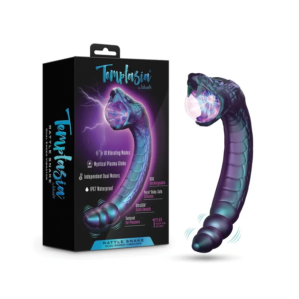 Blush Temptasia - Rattle Snake 13.5 Inch Dual-Ended Fantasy Vibrator With Mystical Plasma Globe - Dark Millenia