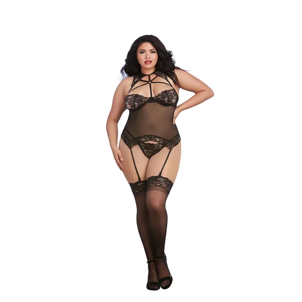 BUSTIER & G-STRING DMD BLACK O/S QUEEN