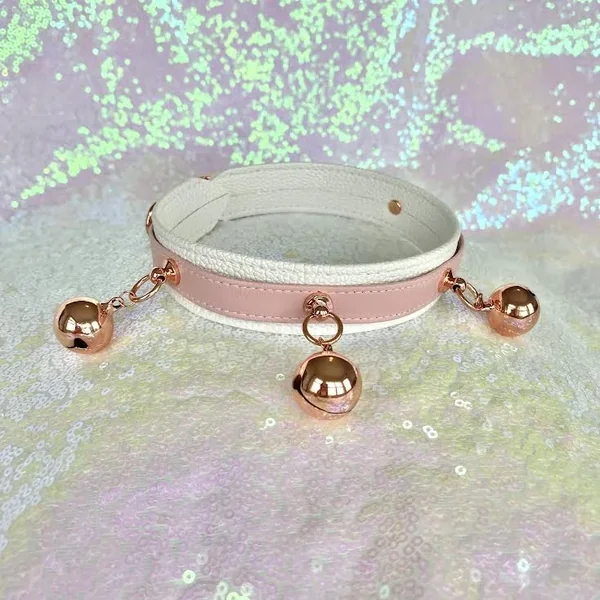 Carnation Pink and White Vegan Reindeer Collar – BDSM Collar with Jingle Bells