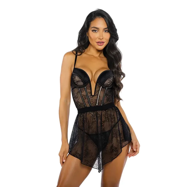 Chantilly Lace and Satin Garter Skirt 3 pc Set – Black LG