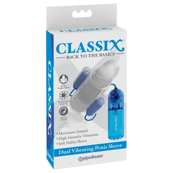 CLASSIX DUAL VIBRATING PENIS SLEEVE BLUE & CLEAR