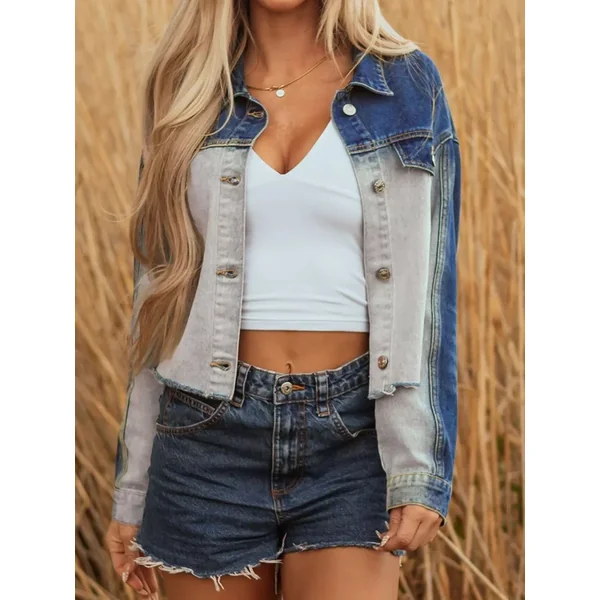 Color Block Patchwork Raw Hem Denim Jacket