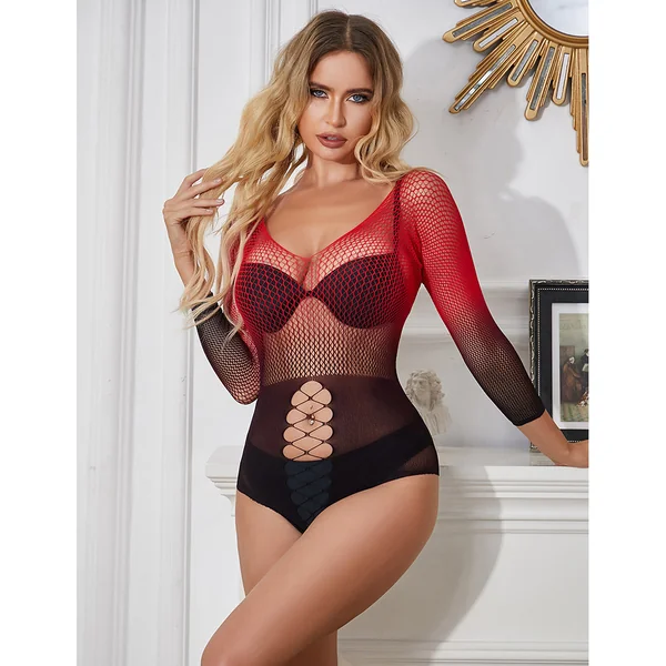 ComeOn Dear – Teddy Fishnet with Sleeve Ombre – Black & Red – Queen