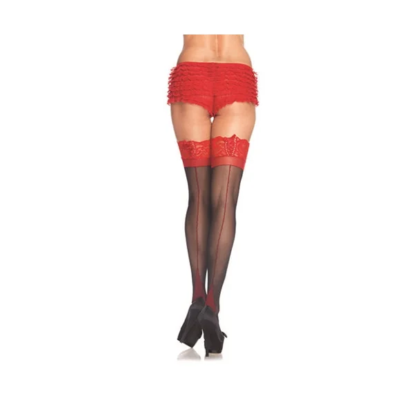 Corset Lace Top Stockings - One Size - Black/ Red