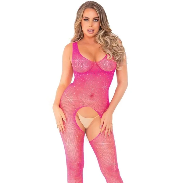 Crystalized Fishnet Tank - Neon Pink - One Size