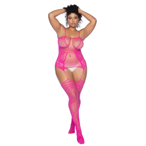 Curvy Aria Fishnet Body Stocking - X - Pink