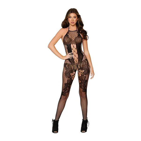 (D) SEAMLESS BAROQUE LACE OPEN CROTCH BODYSTOCKING BLACK O/S