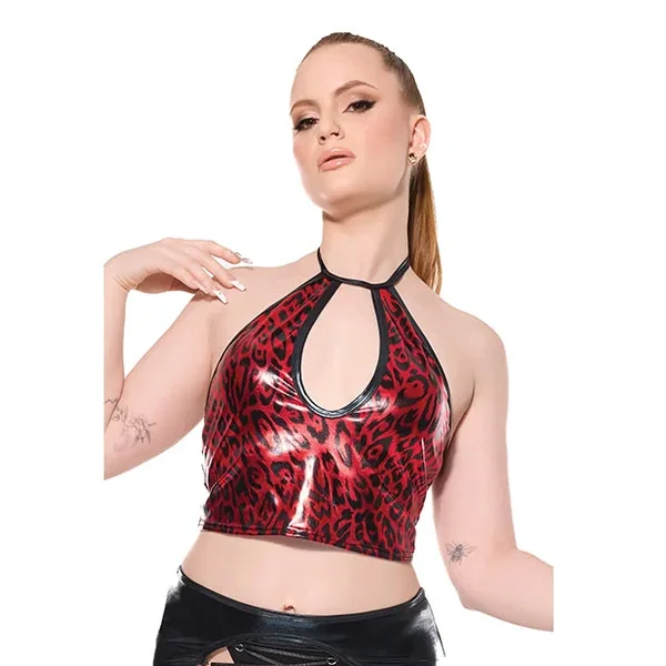 Darque Metallic Wet Look Keyhole Halter Top – Red/Black XL