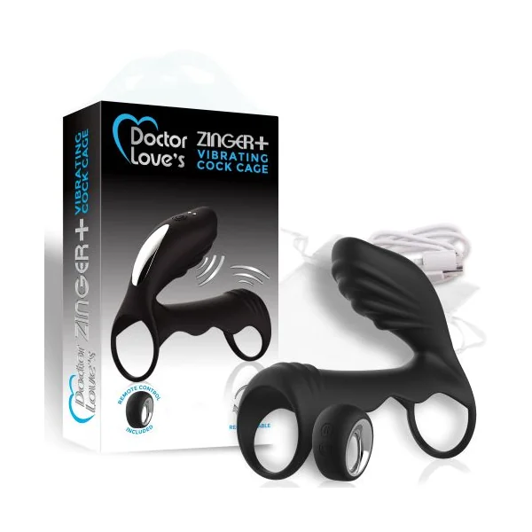 DOCTOR LOVE ZINGER+ VIBRATING RECHARGEABLE COCK CAGE W/ REMOTE BLACK