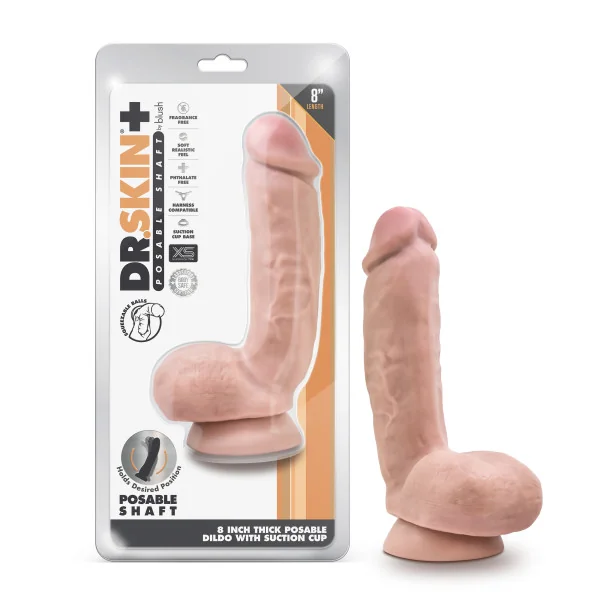 DR SKIN PLUS 8IN THICK DILDO W/ SQUEEZABLE BALLS VANILLA