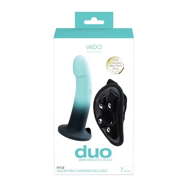 DUO SILICONE DILDO (NON VIBRATING) WITH HARNESS TURQUOISE/BLACK