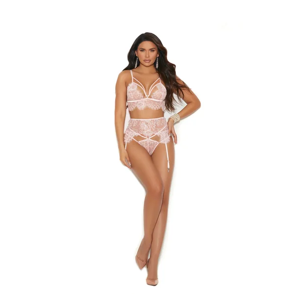 Elegant Moments Eyelash Lace Bralette With Strappy Front Detail, Adjustable Straps And Clip Closure, Matching Garter Belt With Adjustable Garters And Hook And Eye Back Closure, Matching Thong With Double Straps Included