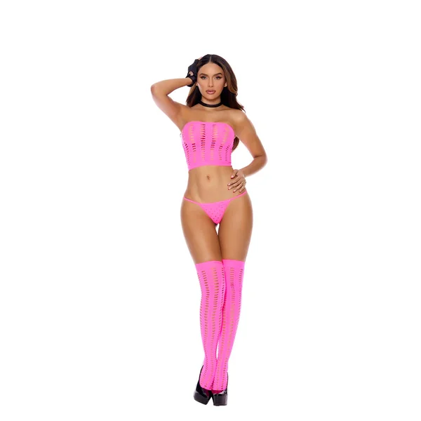 Elegant Moments Opaque Pothole Bandeau Top, G-String and Matching Stockings - Neon Pink One Size