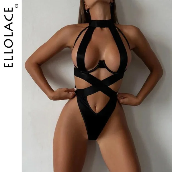 Ellolace Bandage Halter Sexy Lingerie Bodysuit – Black Hollow-Out Erotic One-Piece for Women