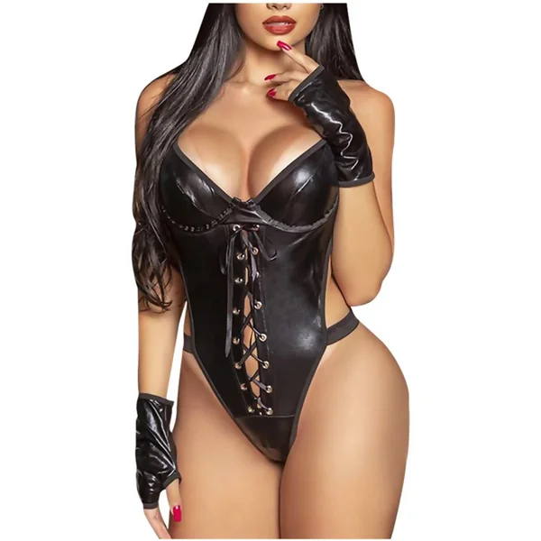 Erotica Cross-Laced Leatherette Teddy with Gloves by My Secret Drawer®