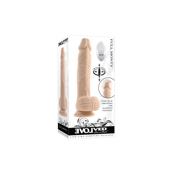 Evolved Full Monty Rechargeable Remote-Controlled Thrusting Twirling Silicone Dildo, 6.5 Inch Insertable, 1.65 Inch Max Width, Light Skin