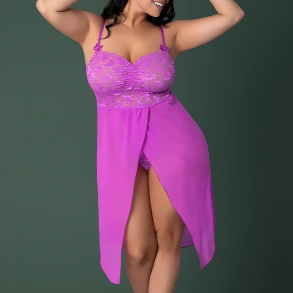 Exposed Butterfly Fantasies UV Lace Split-Front Gown & Thong - Curvy
