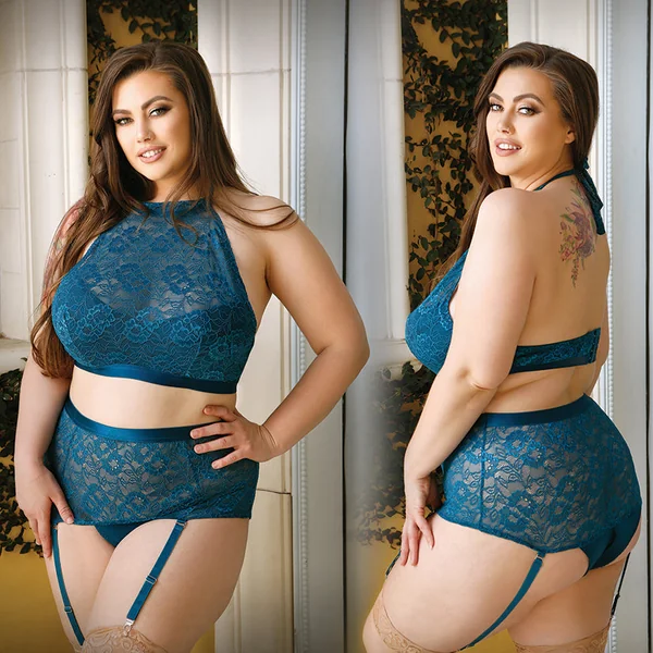 Fantasy Lingerie Aria Halter Top and Crotchless High Waist Panty - Teal 1X/2X