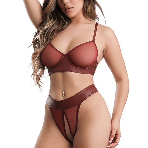 Fantasy Lingerie Domina Halter Bra, Crotchless Panty & Leash