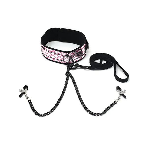Faux Leather Collar, Leash & Nipple Clamps – Pink