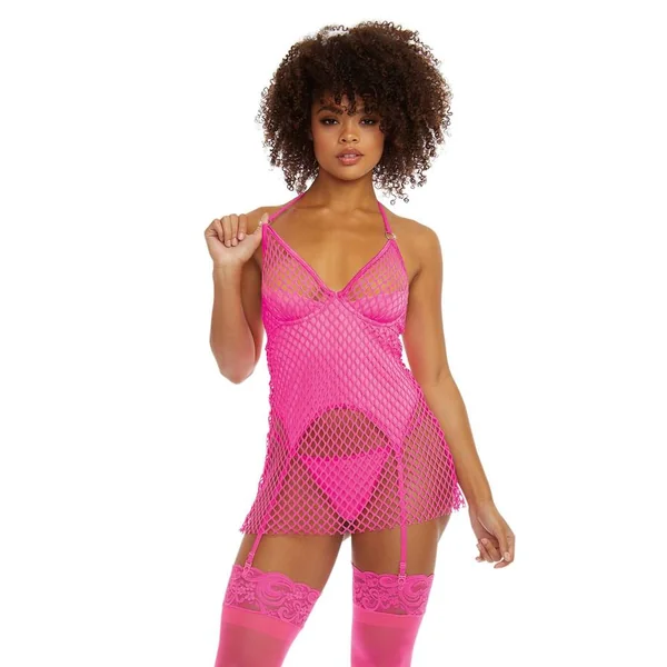 FISHNET 2 LAYER GARTERSLIP & G STRING HOT PINK O/S