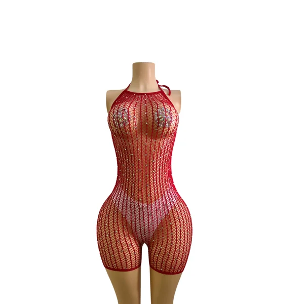 Fishnet Backtie Romper W/Rhinestones(SHORT)-#010