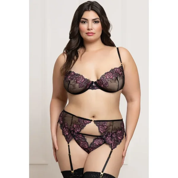 Floral Lace and Mesh Underwire Bra w/Garter & Thong 3 pc Set – Black/Purple 3X/4X