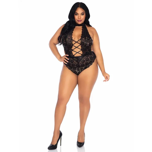 Floral Lace Crotchless Teddy - 1x/2x - Black
