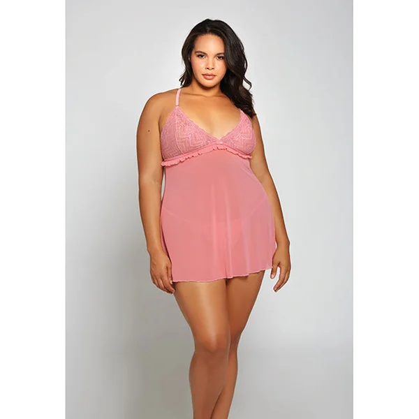 Galloon Lace & Fine Mesh Babydoll & G-string Pink