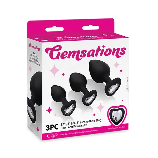 Gemsations 3 pc 2.75″ & 3.15″ & 3.7″ Silicone Bling Bling Heart Butt Plug Training Set – Black