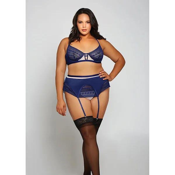 Geometric Lace W/matte Microfiber Ba, Garter Belt & G-string Navy/beige
