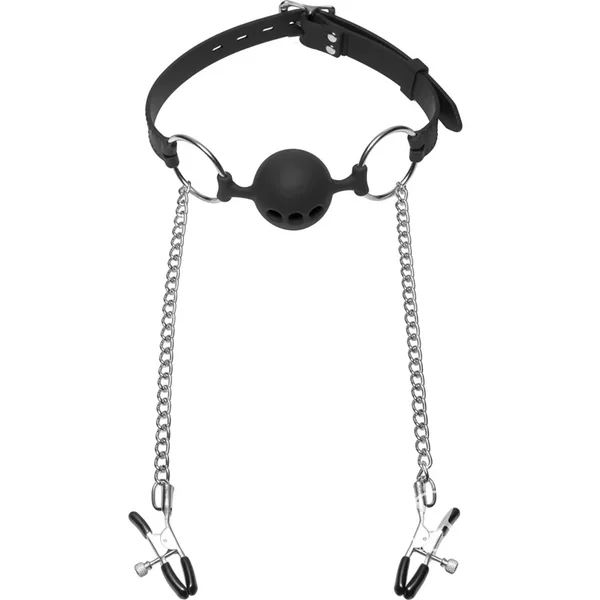 Hinder Silicone Breathable Ball Gag And Nipple Clamps Black Master Series